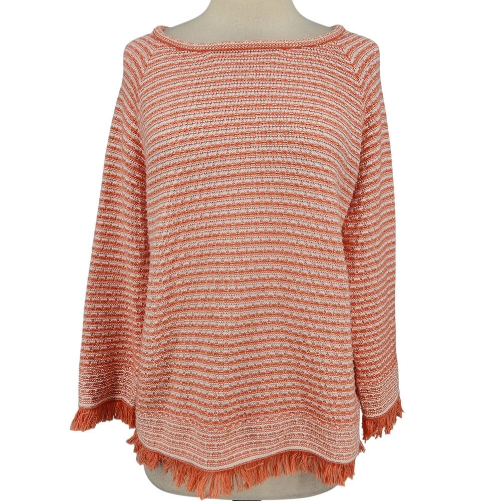 Kinross Cotton Stripe Fringe Sweater Size Medium Orange Knit